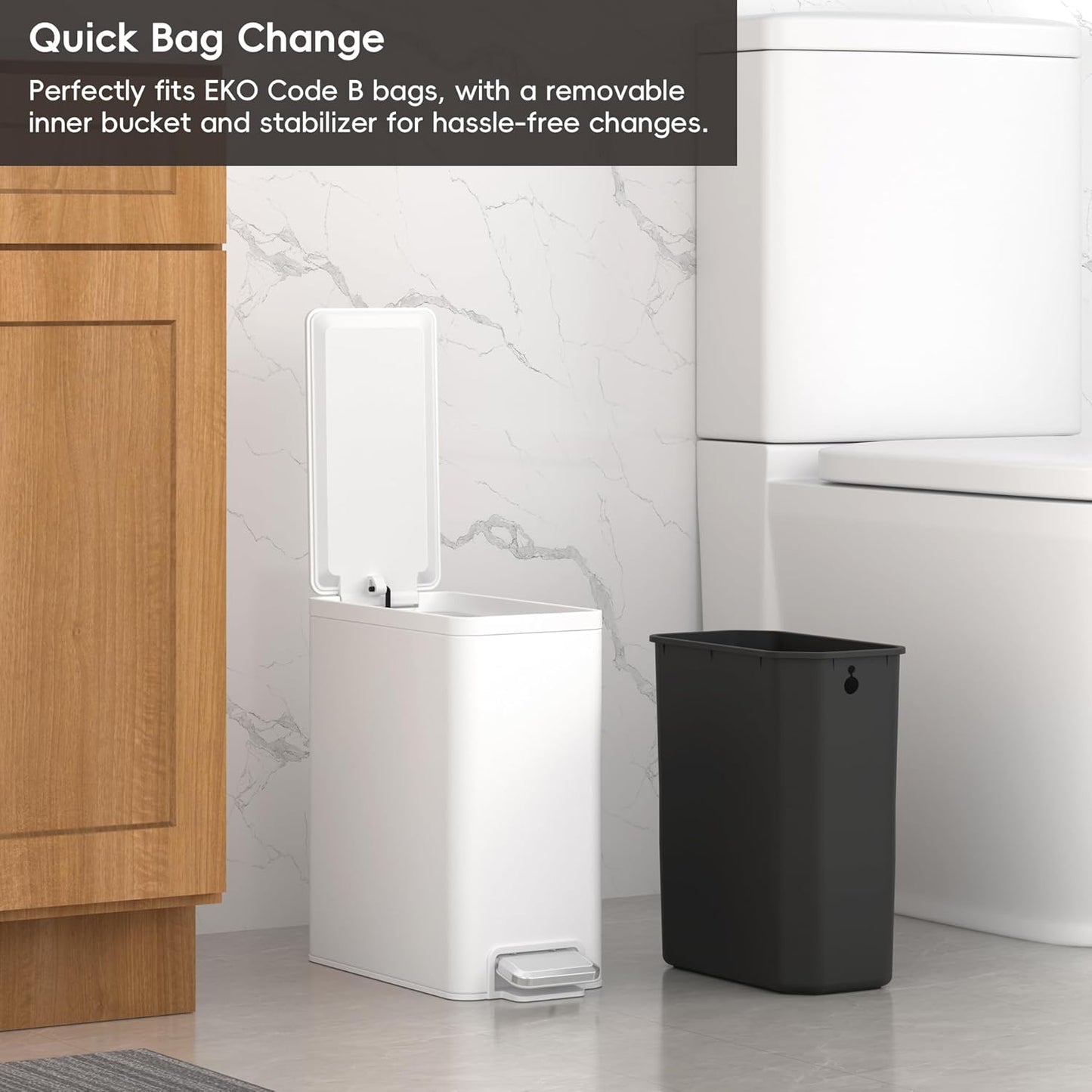EKO Slim Small Bathroom Trash Can with Lid, Stainless Steel Small Garbage Can with Removable Inner Bucket, 6L / 1.6 Gal, Step On Trash Bin (White)
