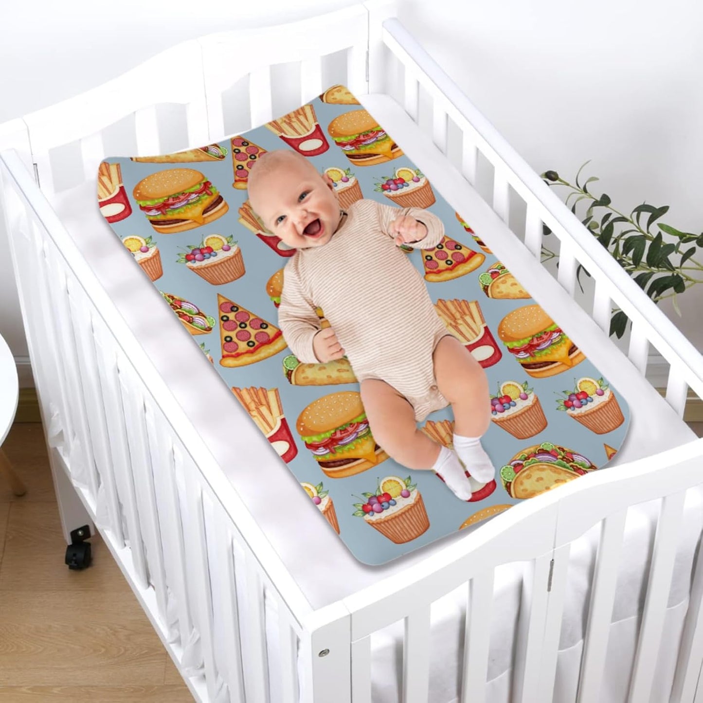 Funny Burger French Fries Cupcake Pizza Diaper Changing Pad Cover Sheets for Boys & Girls 32''x16'' Unisex Fitted Diaper Changing Table Cover Mats Comfort Soft Breathable Cradle & Bassinet Sheets