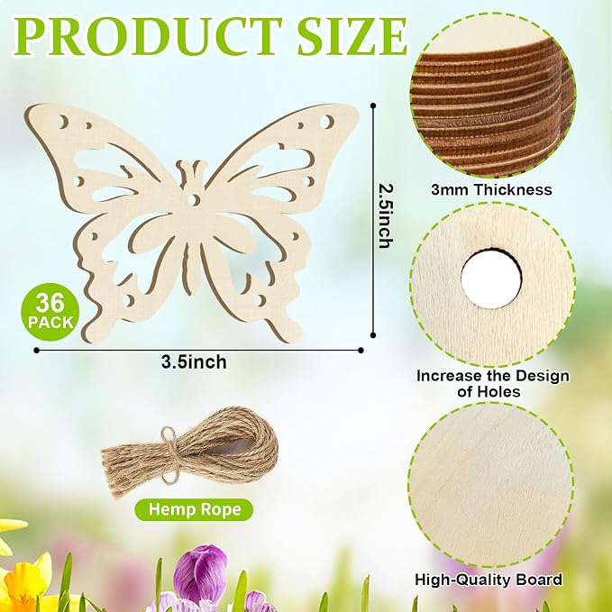 36PCS Wooden Hollow Butterfly Ornaments to Paint, 6 Styles DIY Blank Unfinished