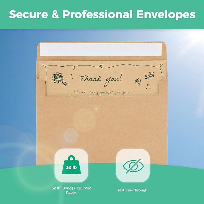 Ohuhu A7 Blank Brown Kraft Cards and Self-Seal Envelopes 100 Pack | 5" x 7"