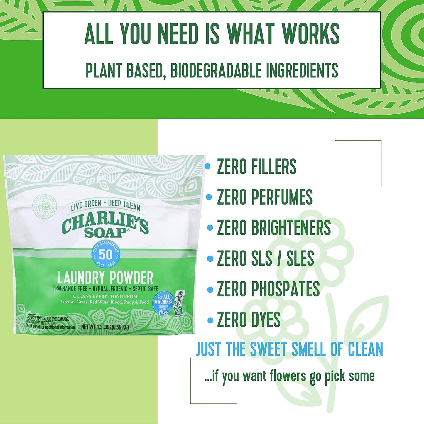 Charlie's Soap - Unscented Laundry Powder 50 Loads (Six 50-load Bags, 300 Total Loads)