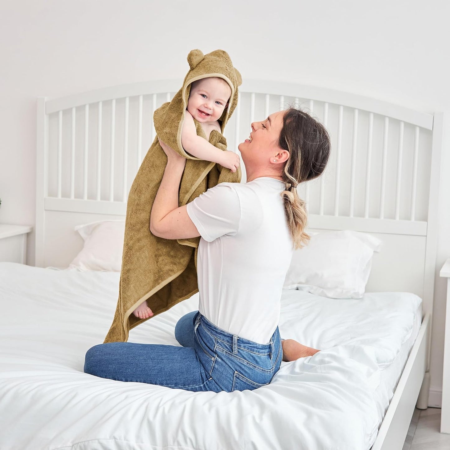 Munich Blue Toddler Bath Towel for Boys & Girls - Soft Baby Bath Towels with Cute Bear Ears - Cozy Baby & Toddler Towels, 600 GSM, 35x35 inch (Brown Sugar)