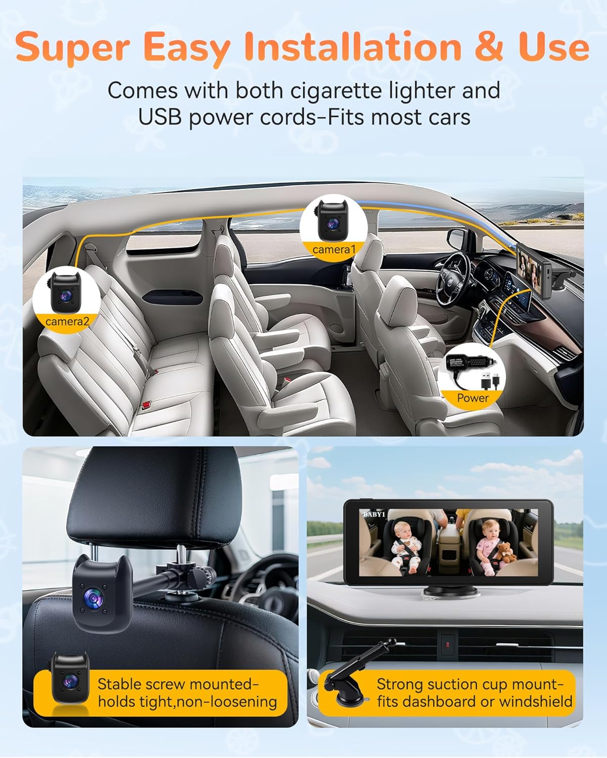 Dual Car Camera Baby Monitor with 6.9" Split Screen-1080P HD Carseat Camera for 2 kids with 360° Full Rotation-Night Vision, Auto-detail Enhancement, 2 Power Ways, Easy Install, for Twins & Siblings