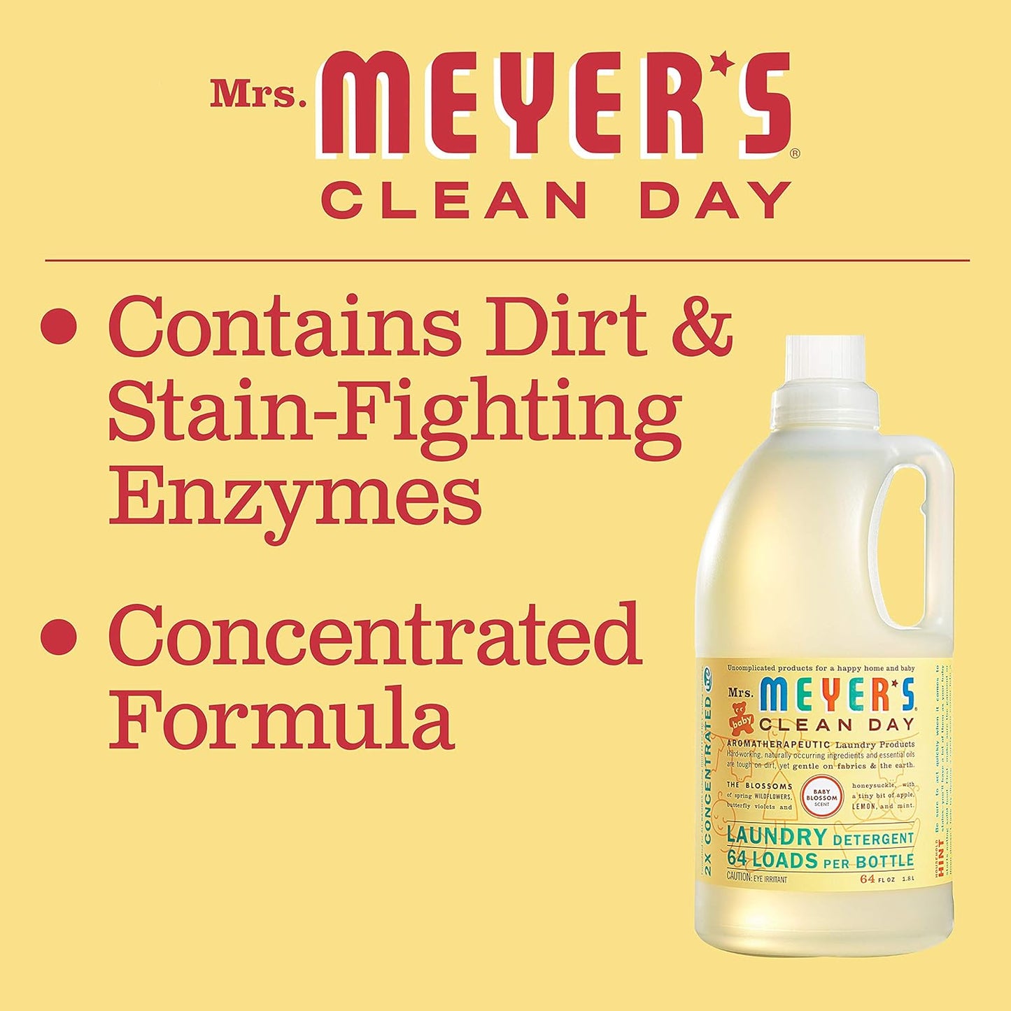 MRS. MEYER'S CLEAN DAY Baby Laundry Detergent Liquid, Infused with Essential Oils, Baby Blossom, 64oz - Pack of 2 (128 Loads)