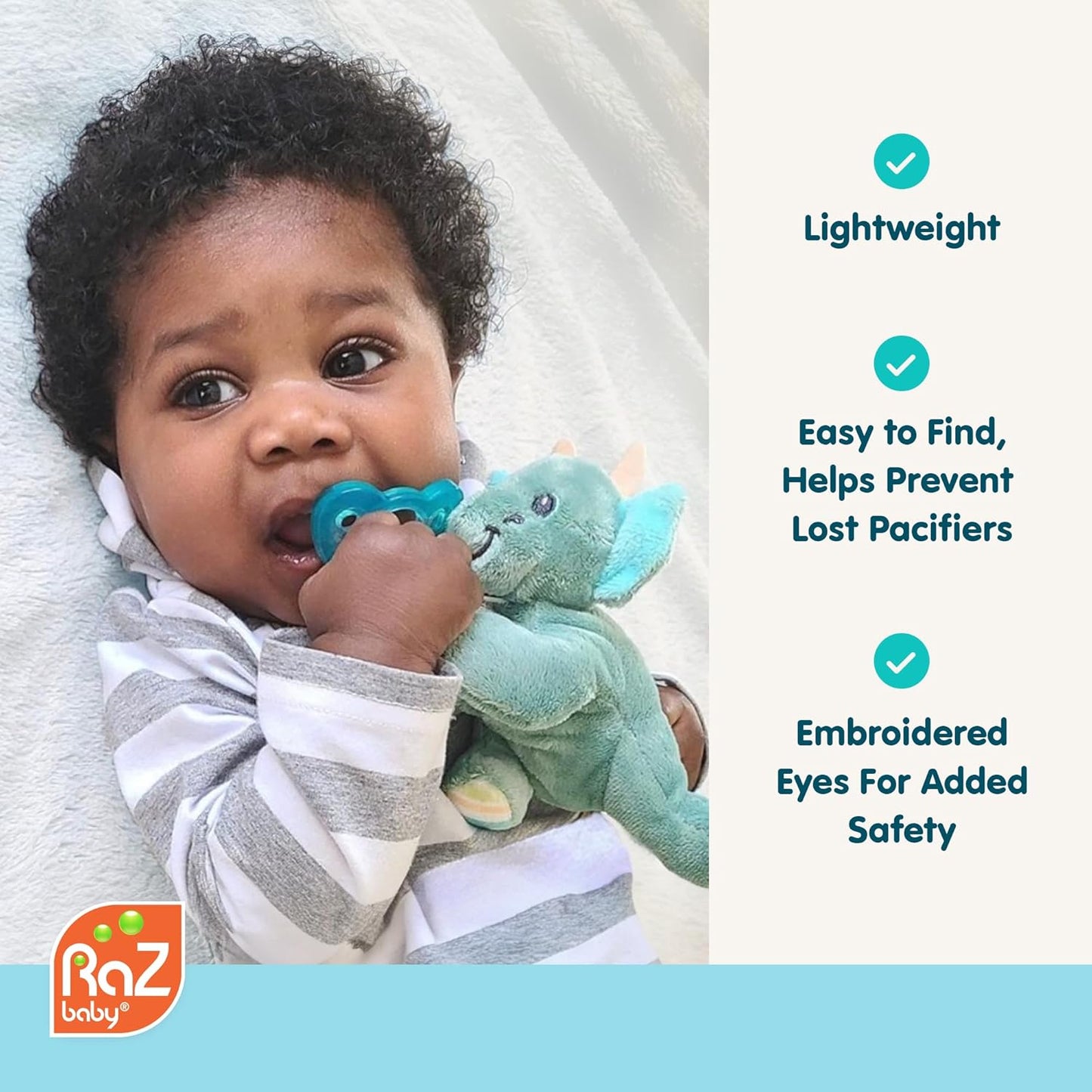 RaZbaby JollyPop Pacifier, Holder w/Detachable Baby Pacifier, Stuffed Animal RaZbuddy, All Ages 0M+, 100% Medical Grade USA Made Silicone, Machine Washable, Textured & Easy to Hold – Puppy