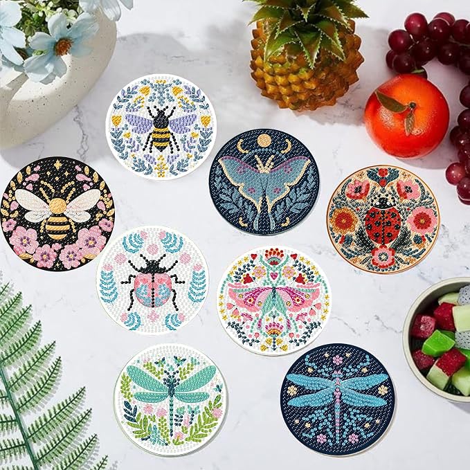 Gemozaic 8PCS Diamond Art Coasters Kit, Insects Diamond Painting Coasters