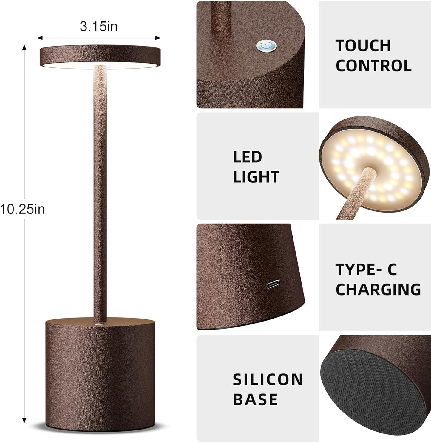 Cordless Table Lamps Rechargeable - Outdoor Waterproof LED Table Light Portable 5000mAh Battery Operated Lamp 3 Color Stepless Dimming with Memory Function for Restaurant Dining Patio Rust