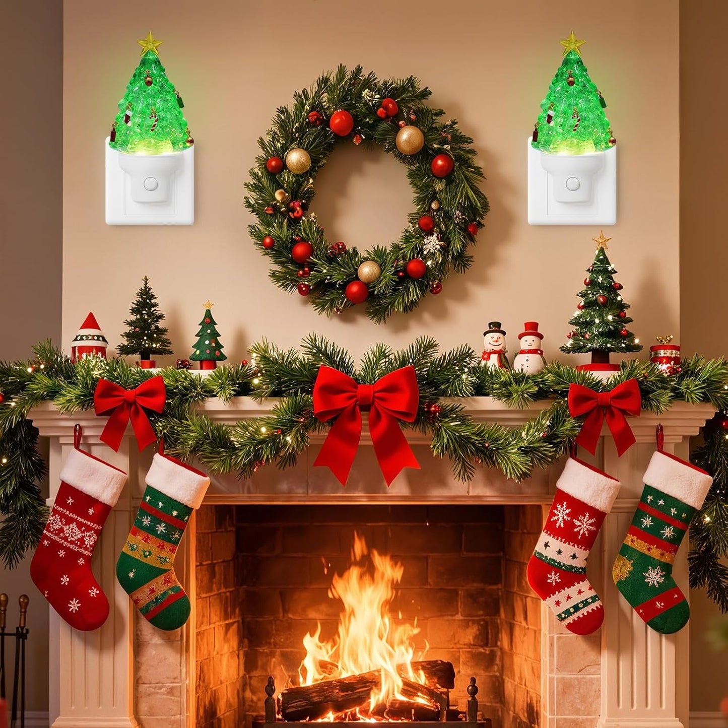 2 Pack Christmas Tree Night Light Plug into Wall Glitter Water Nightlight with USB/Outlet Options, Christmas Tree Decorative Nightlight for Bedroom Kitchen Nursery Holiday Decorations Gifts (Tree)