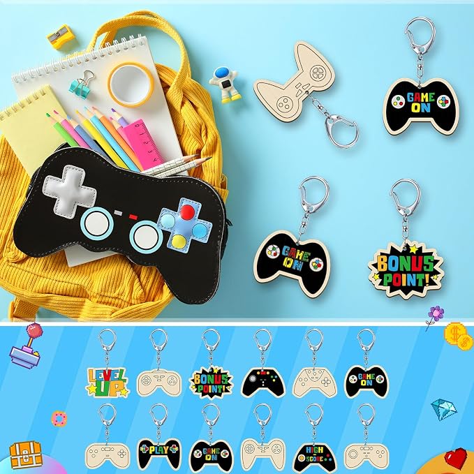 RattanView 24 Pcs Video Game Craft Color Your Own Keychains DIY Craft Wooden