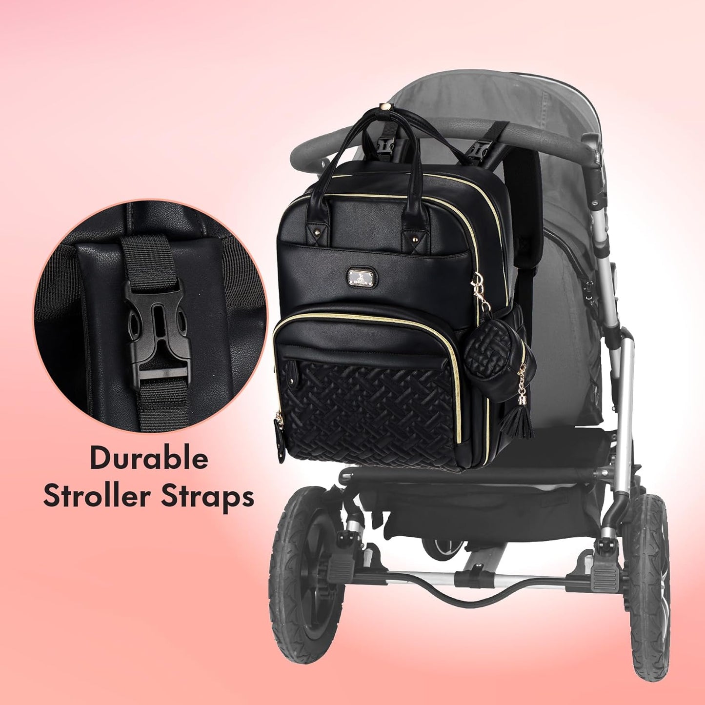 Dikaslon Leather Diaper Bag Backpack with Portable Changing Pad, Pacifier Case and Stroller Straps, Large Unisex Baby Bags for Boys Girls, Multipurpose Travel Back Pack for Moms Dads, Black