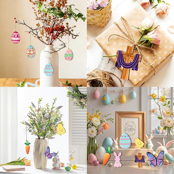48Pcs Paintable Wooden Easter Ornaments Unfinished Wood Cutouts