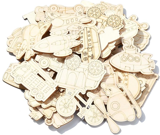 100 pcs Mixed Styles Transportation Theme Undyed Wood Cutout Charms Car Vehicle