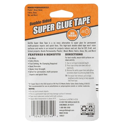 Gorilla Super Glue Tape, Double Sided, High Tack, 5/8in x 20ft