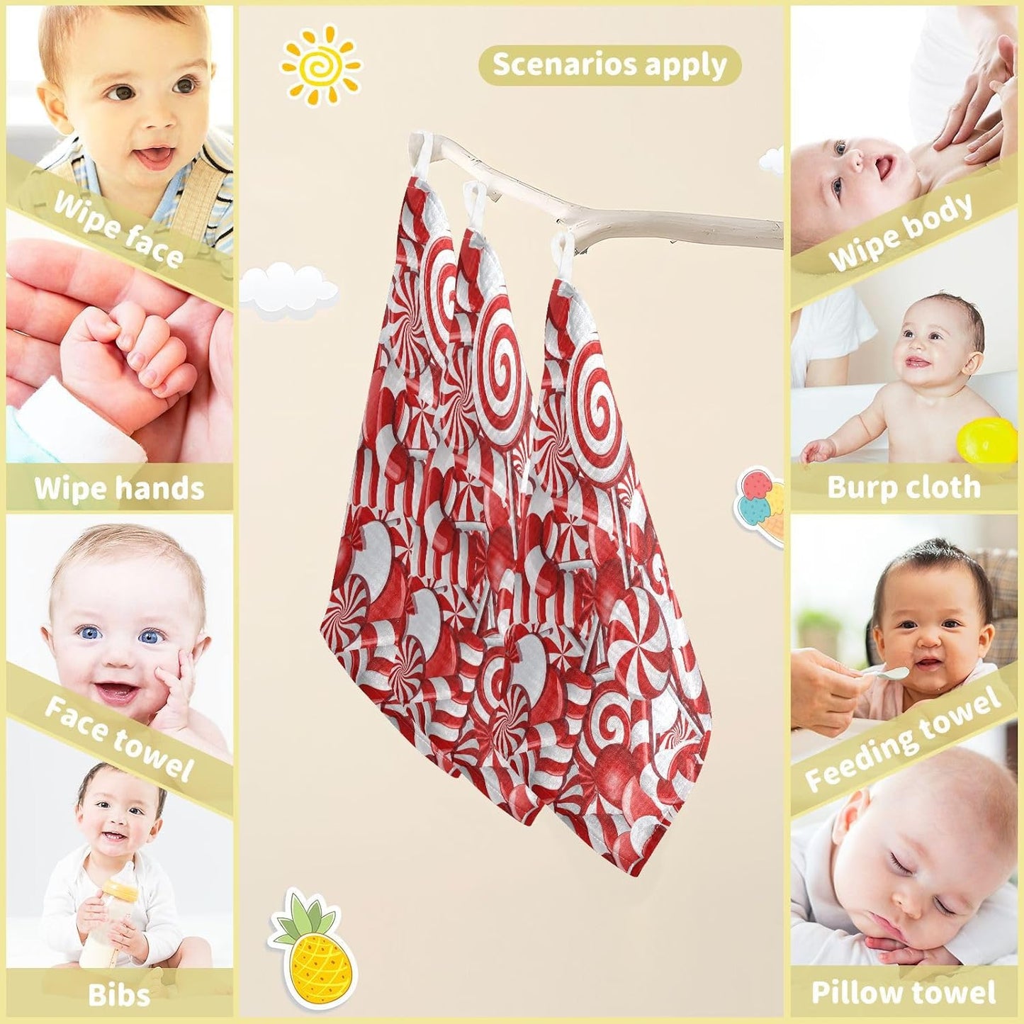 Christmas Candy Cane Muslin Burp Cloths Baby Burp Cloths for Boys Girls Sugar Sweet Gift Baby Muslin Washcloths Baby Essentials for Newborn Soft Absorbent 12x12in, 3 Pack