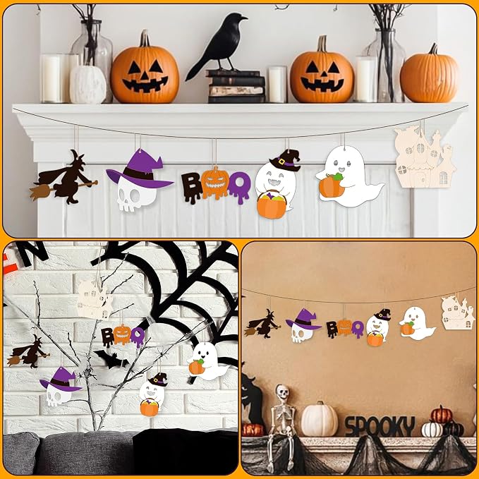 24 PCS Unfinished Wooden Halloween Crafts, Pumpkin Ghost Shaped Hanging