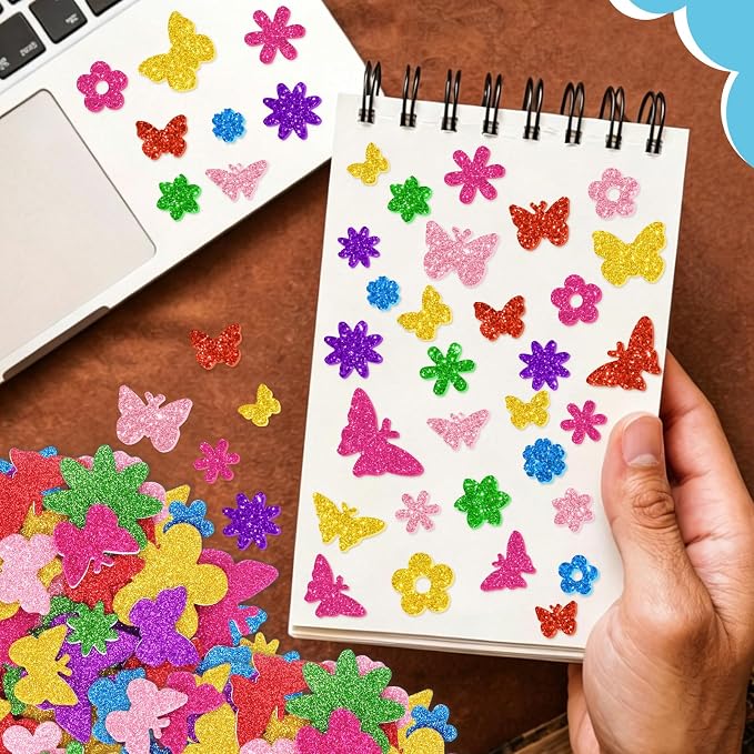 448 Pcs Glitter Foam Stickers, Butterfly & Flower Shapes Stickers, 7 Sheets