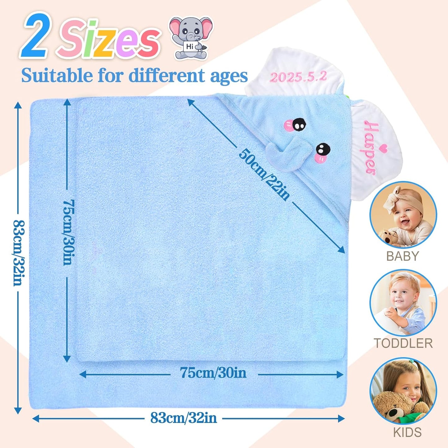 Custom Hooded Bath Towel with Name, Personalized Highly Absorbent Elephant Towels, Baby Bath Towels for Girls Boys, Christmas Brithday for Baby, Toddler, Newborn (Blue)