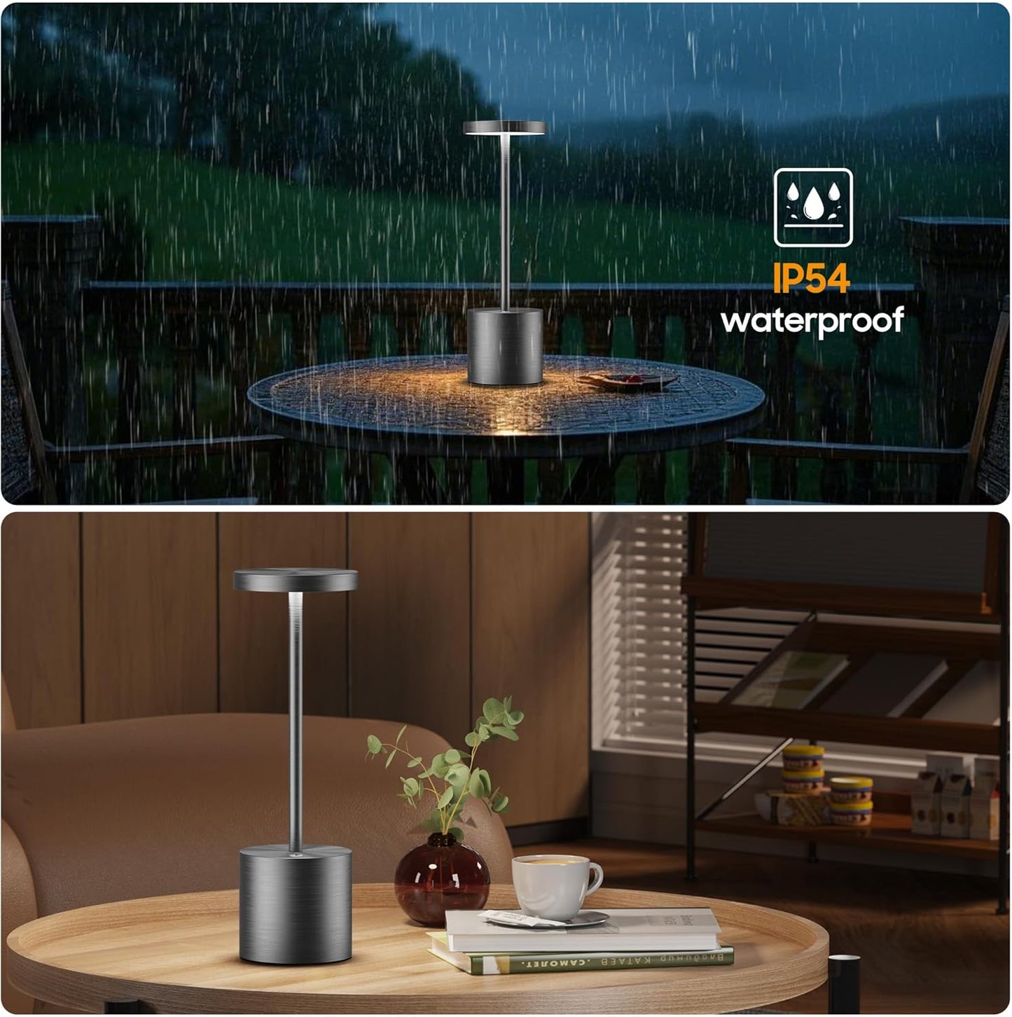 Cordless Table Lamps Rechargeable - Outdoor Waterproof LED Table Light Portable 5000mAh Battery Operated Lamp 3 Color Stepless Dimming with Memory Function for Restaurant Dining Patio Grey