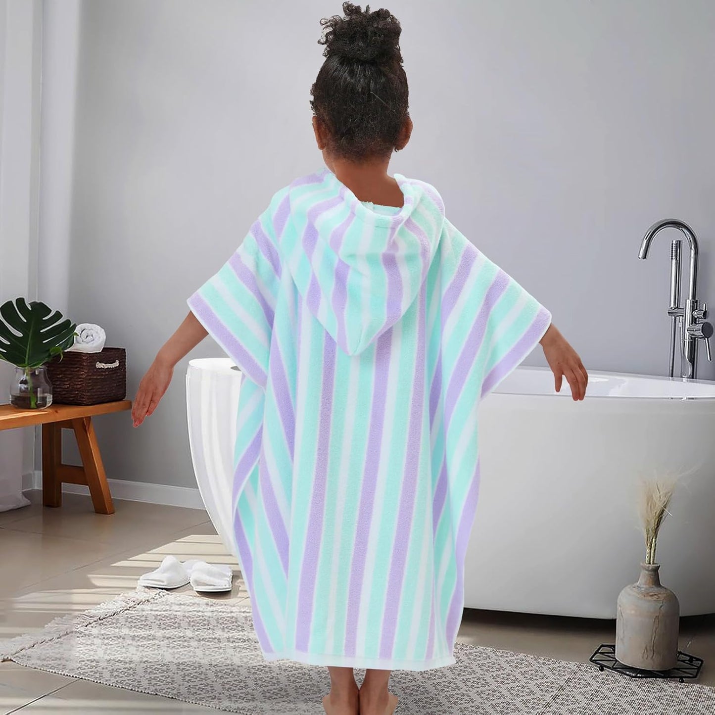 VOOVA & MOVAS Poncho Towels for Kids (4-8Years), Quick Dry Lightweight Absorbent Cotton Hooded Towel Robe for Pool | Swim | Beach | Bath, Aqua Purple Stripe