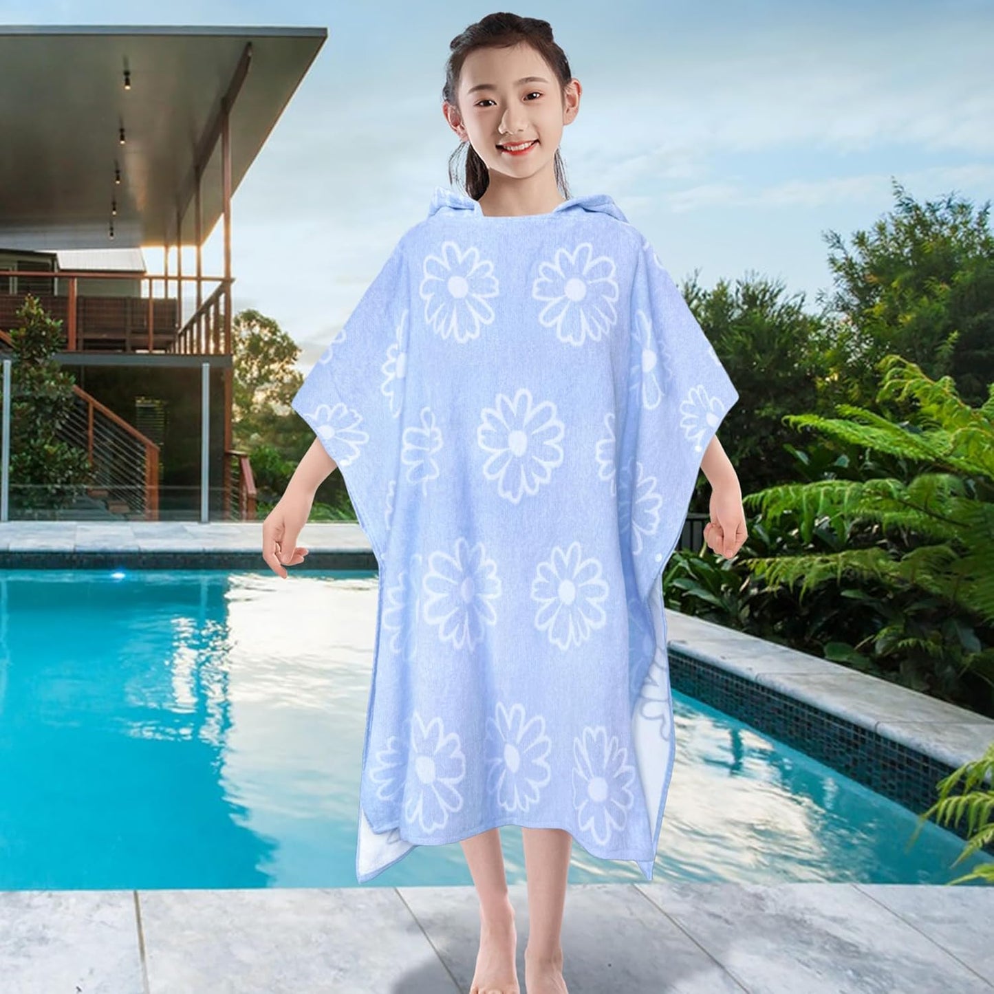 VOOVA & MOVAS Hooded Poncho Towel for Teens/Big Kids (8-14 Years) | Soft Absorbent 100% Cotton Towel Robe | Versatile Beach, Pool, Swim & Bath Cover-Up | Jacquard Blue Daisy