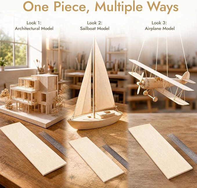Balsa Wood Sheets, 5 Pack 12 x 4 x 1/16 Inch Unfinished Thin Wood Boards