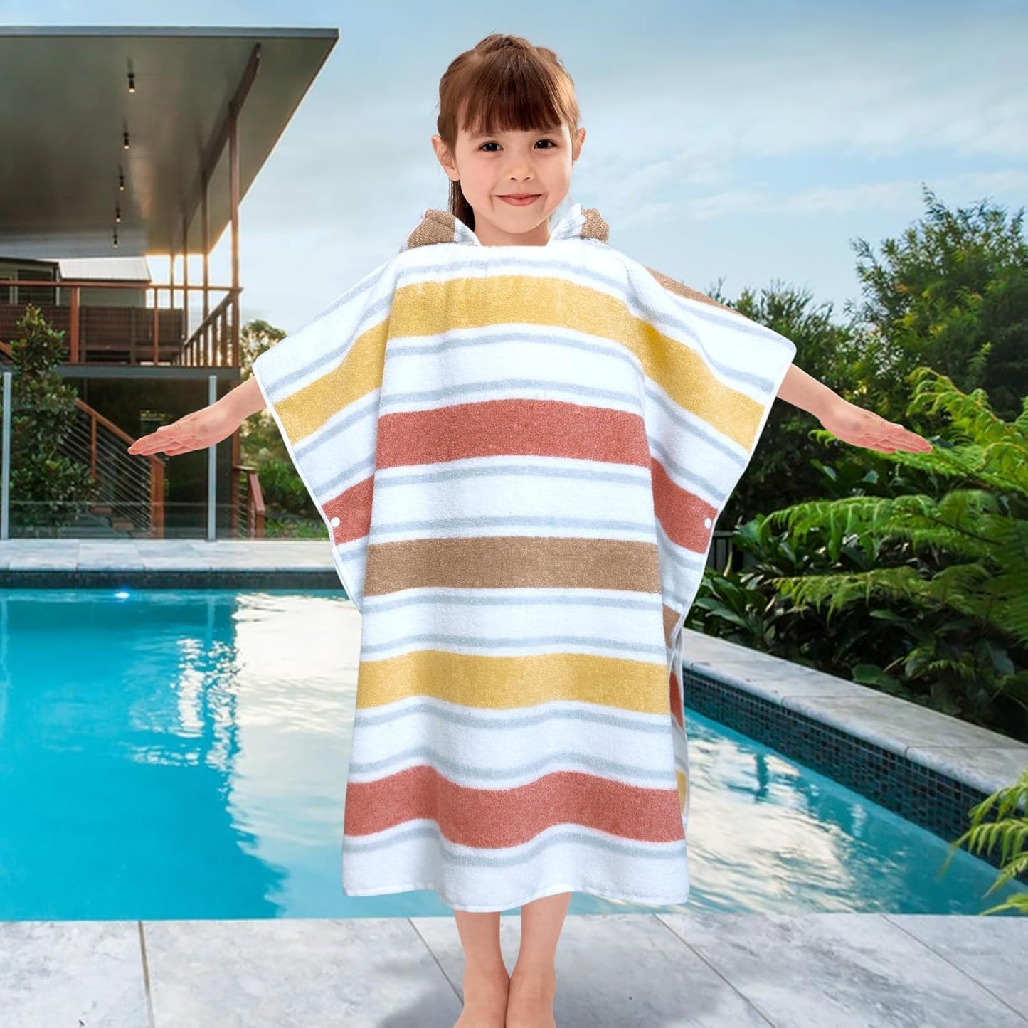 VOOVA & MOVAS Kids Hooded Poncho Towels (4-8Years,27.5"x27.5"),100% Cotton Soft Absorbent Towel for Boys,Perfect for Bathroom | Pool | Beach | Swimming, Jacquard Stripe