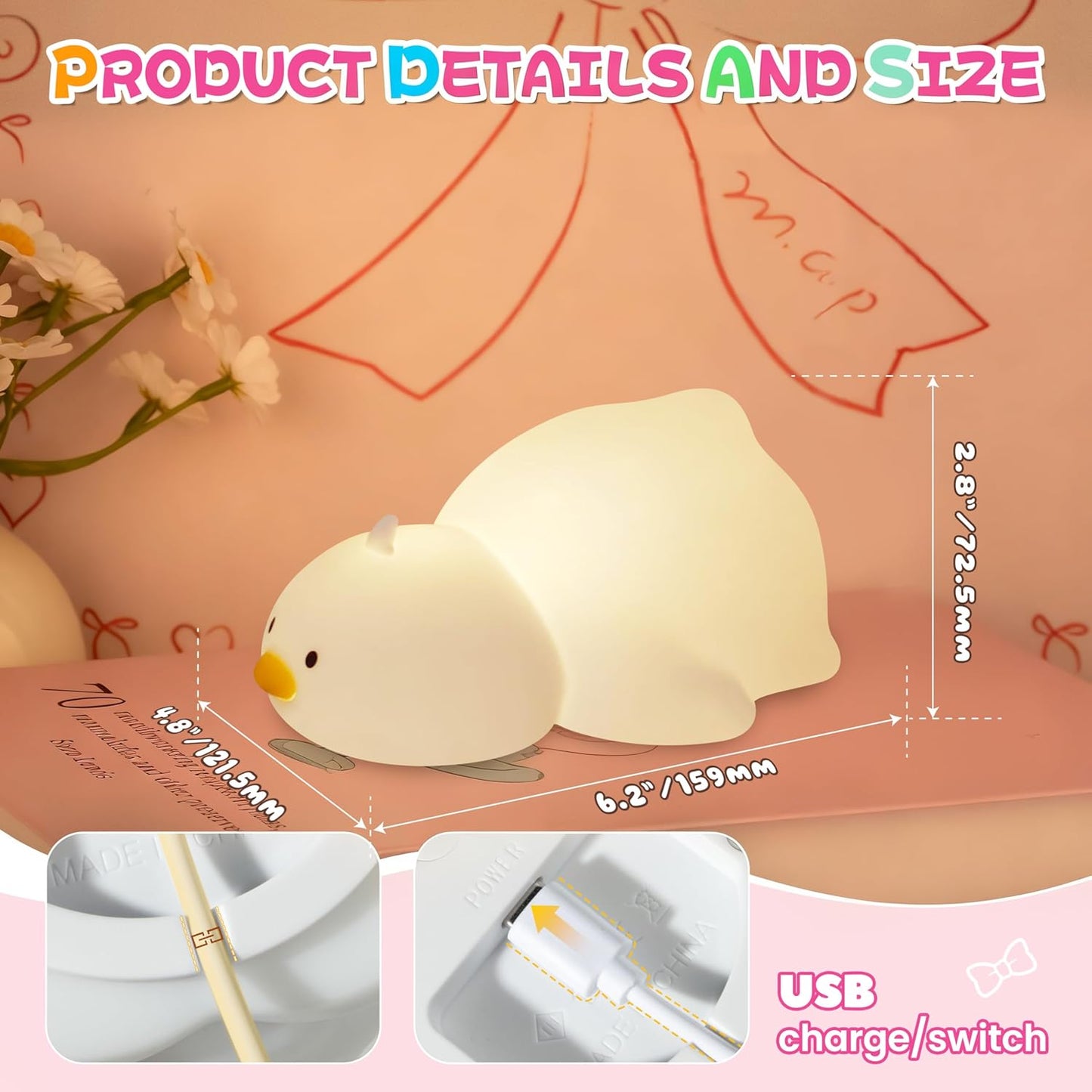 Night Light for Kids, Rechargeable Dimmable Silicone LED Nightlight with 7 Colors, Baby Nursery Night Lamp, Touch Squishy Lamp, Cute Gifts for Girls, Boys, Toddler Room Decor, Lying Duck