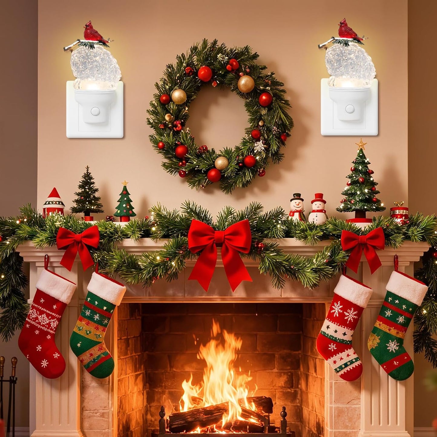 2 Pack Christmas Night Light Plug into Wall Glitter Water Nightlight with USB/Outlet Options, Christmas Cardinal and Pinecone Decorative Nightlight for Holiday Decorations (Cardinal and Pinecone)
