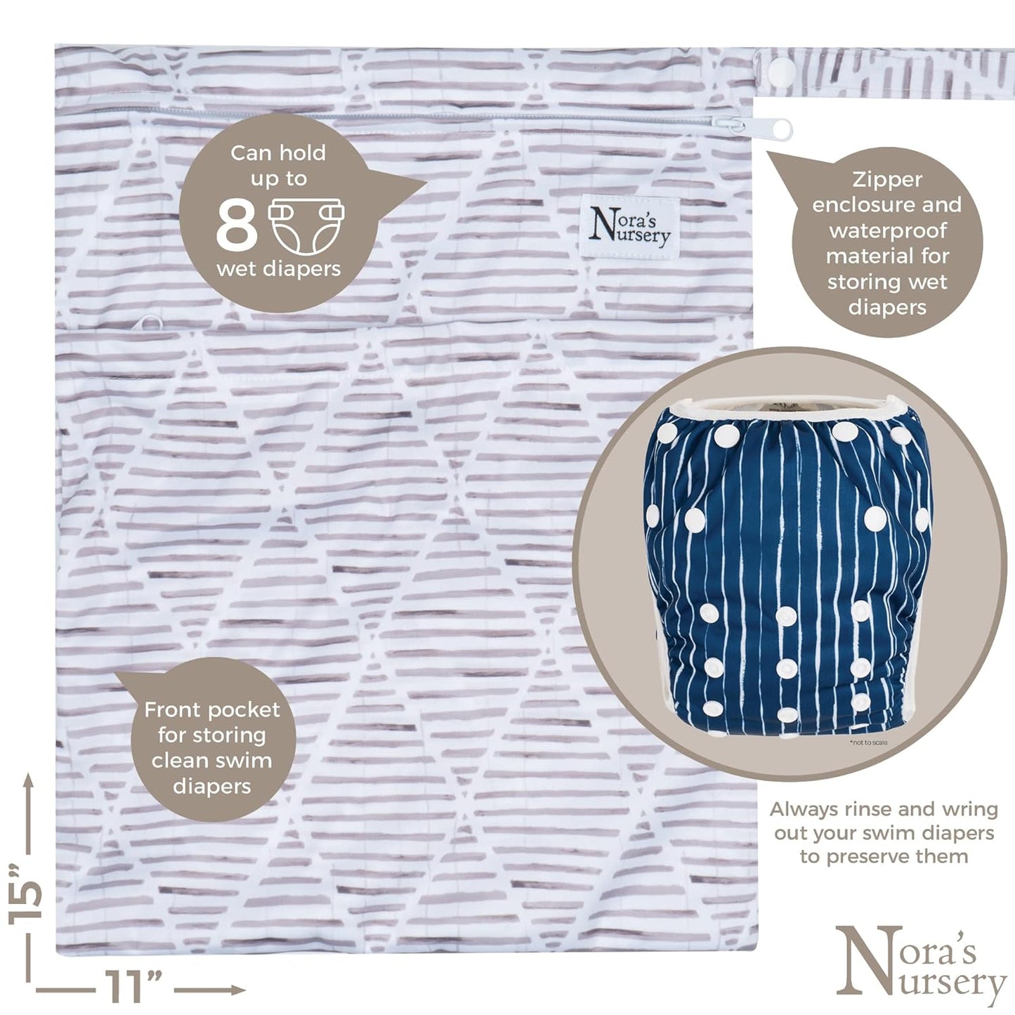Nora's Nursery Reusable Swim Diapers and Wet Bag - One Size Fully Adjustable - Seaside Unisex 3 Pack with Wet Bag