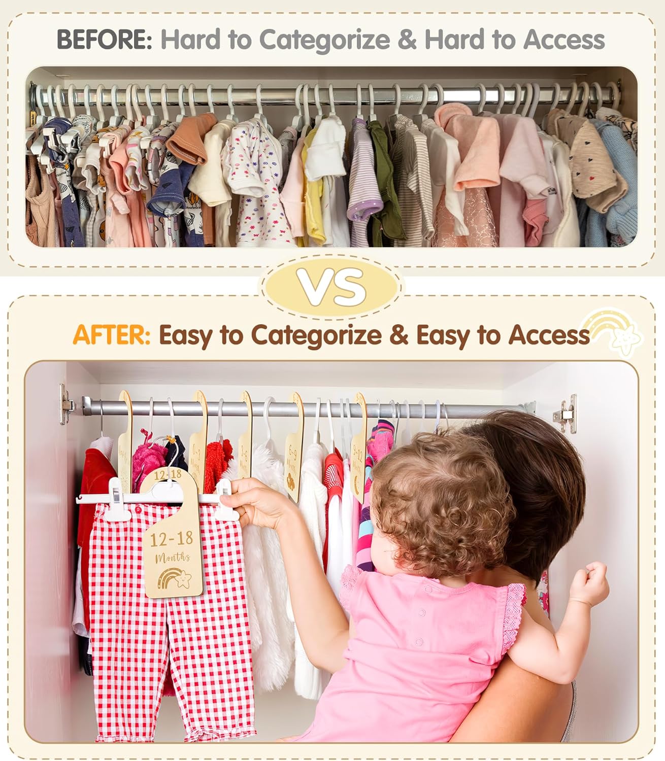 Baby Closet Dividers, Wooden Double Sided Nursery Clothes Size Separators for Newborn to 24 Months, Neutral, 7 Pcs