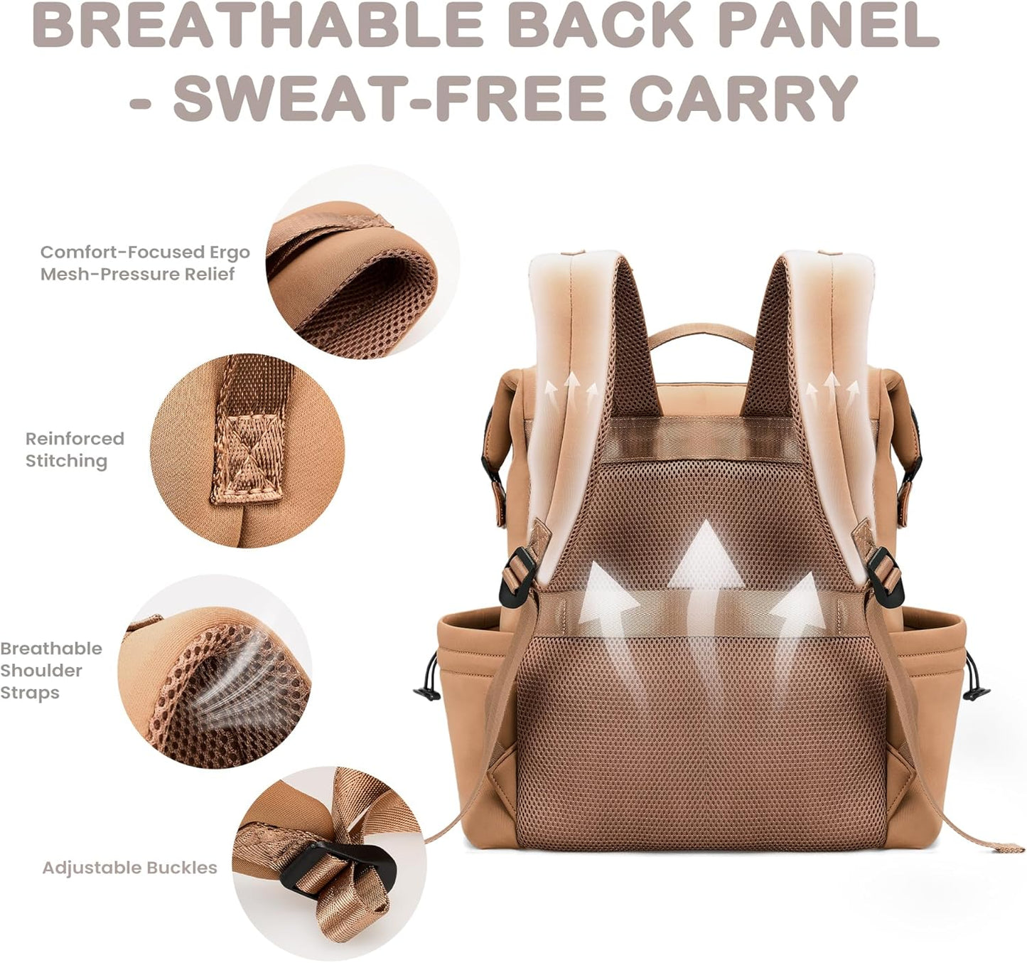 VONAL Neoprene Diaper Bag Backpack with Changing Pad, 33L Large Capacity Neoprene Backpack Baby Diaper Bag with Insulated Pockets, Travel Diaper Backpack Baby with 12 Pockets for Mom & Dad, Brown
