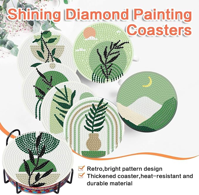 ijbnhd 8 Pcs Leaf Diamond Art Coasters Kit, Diamond Painting Coasters | Leaf