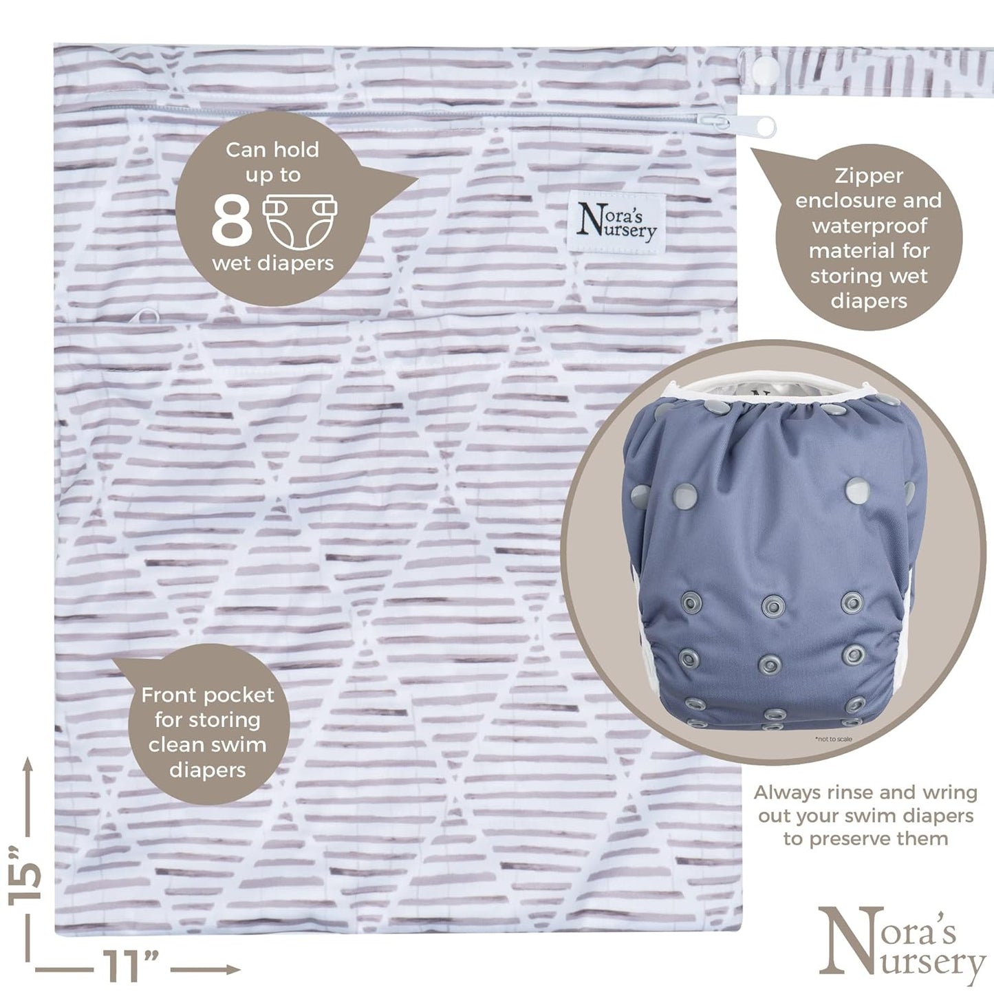 Nora's Nursery Reusable Swim Diapers and Wet Bag - One Size Fully Adjustable - Laguna Unisex 3 Pack with Wet Bag