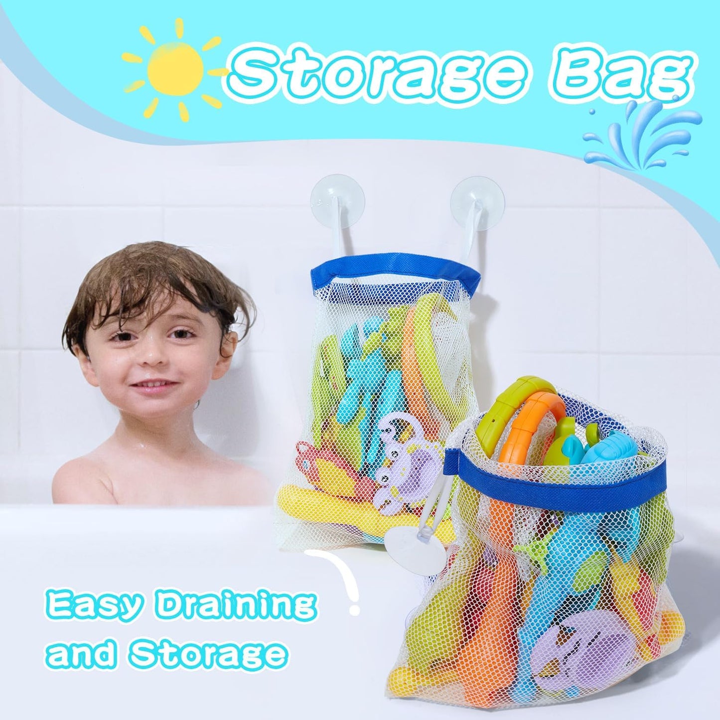 Toddler Bath Toys for Kids, 26PCS Mold Free Bath Toys with Hook-Type Fishing Rod Net Floating Sea Animals and Storage Bag, Bathtub Water Table Pool Toys for Toddlers and Babies
