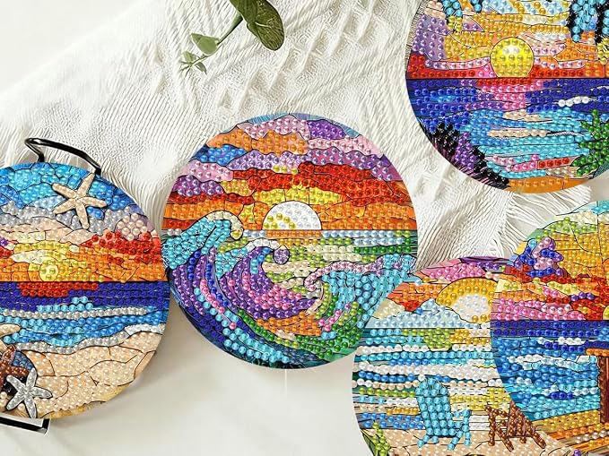 8 PCS Diamond Art Coasters Kits Sunset Beach Diamond Painting Coaster | Diamond