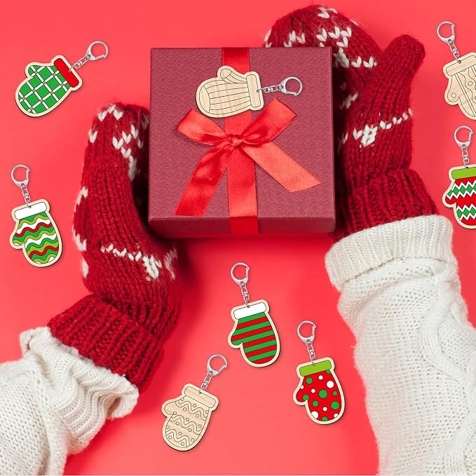 RattanView 24 Pcs Mitten Craft Color Your Own Keychains Diy Craft Wooden Blank