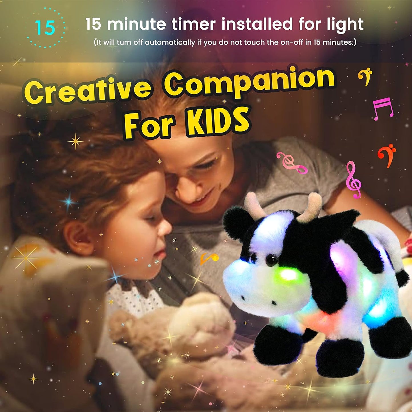 Hopearl LED Musical Stuffed Cow Lighting Up Singing Plush Toy Adjustable Volume Lullaby Animated Soothe Birthday Festival for Kids Toddler Girls, 12''