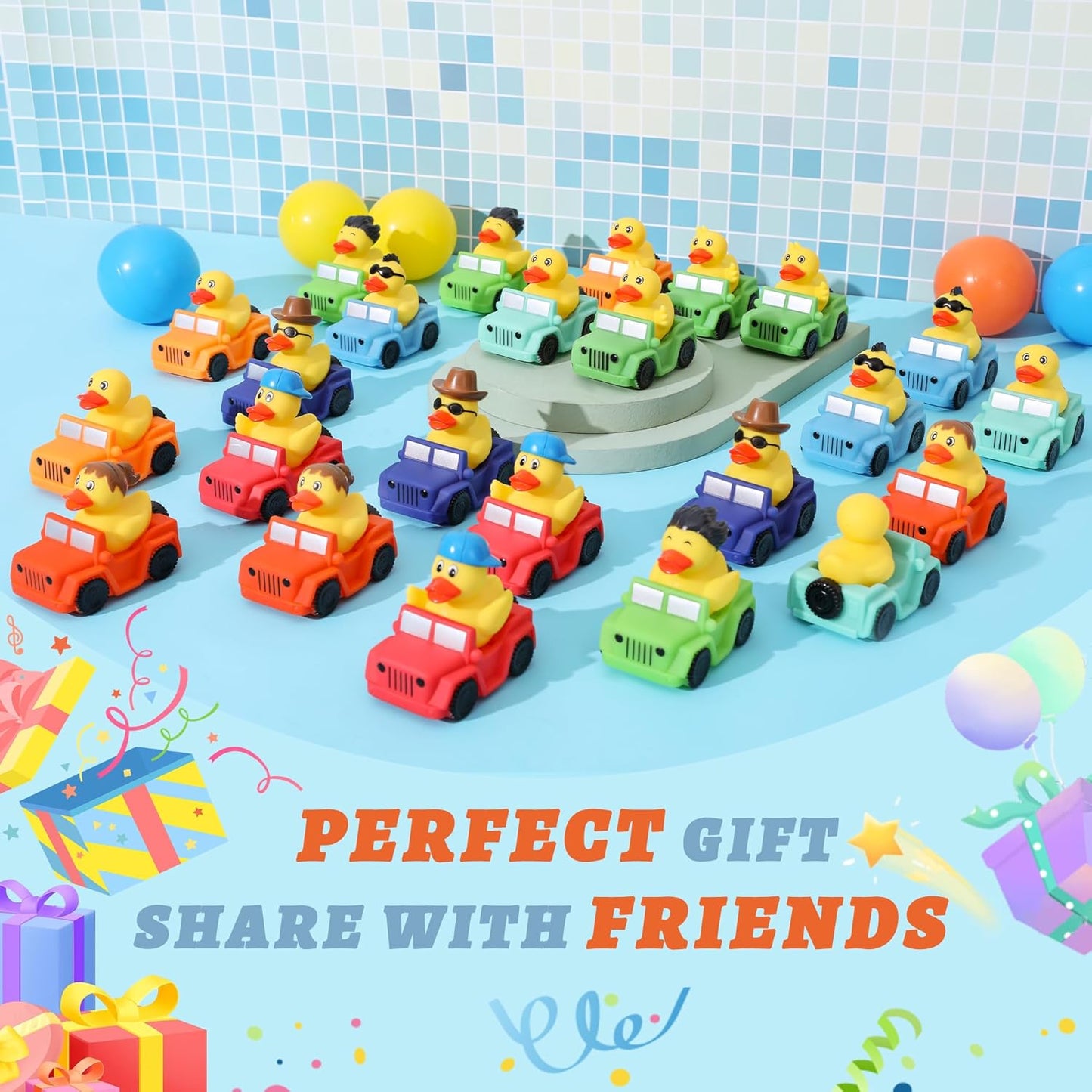 XY-WQ 24 Pack Jeep Rubber Ducks - 3" Bulk Floater Ducks for Kids - Vehicle Shaped - Baby Bath Toy Assortment - Party Favors, Birthdays, Bath Time & More (8 Varieties)