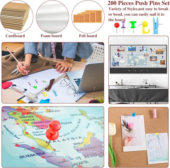 BESARME 200 Pcs Push Pins for Bulletin Board, Thumb Tacks for Cork Board |