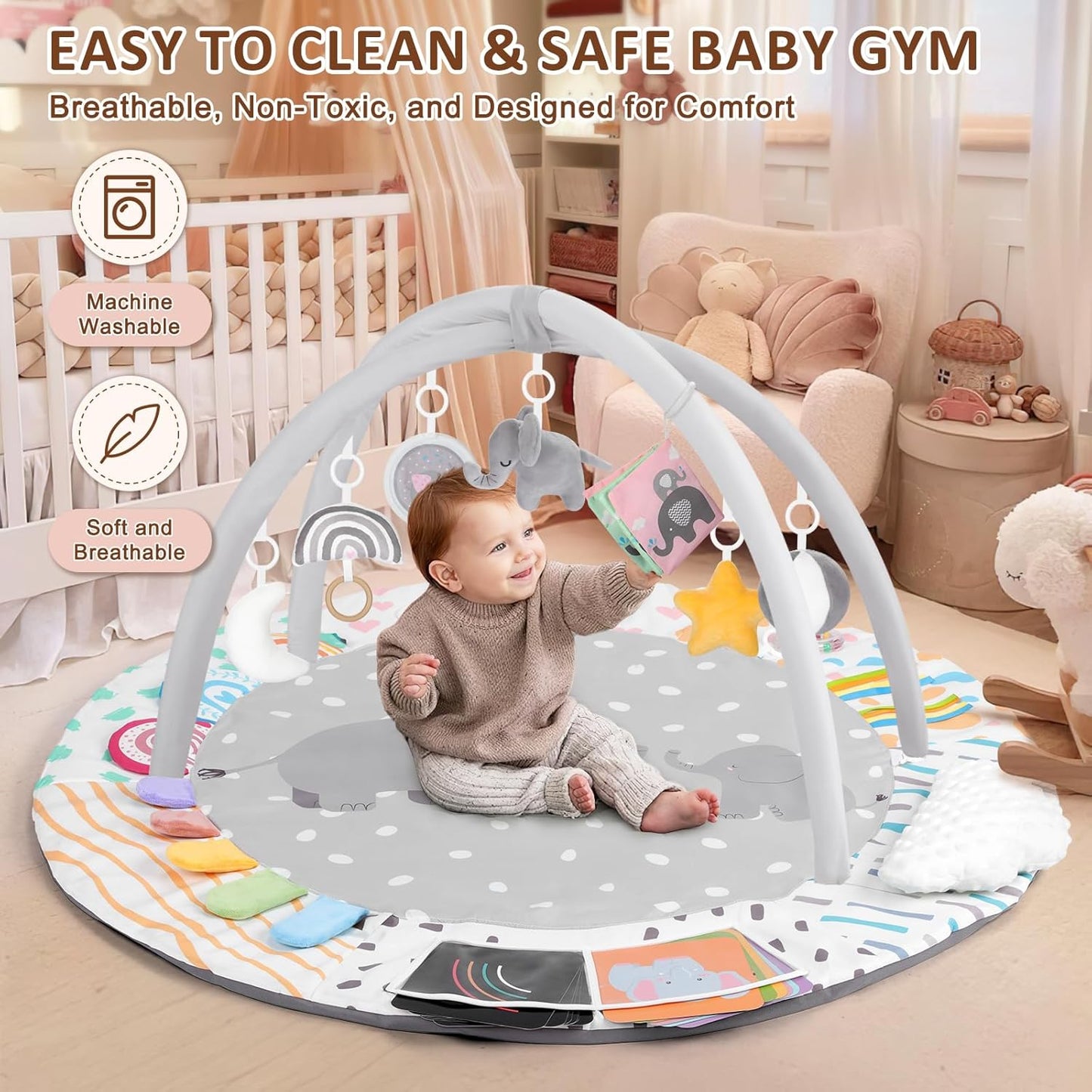 Baby Play Gym & Activity Mat, Tummy Time Mat with Tummy Time Pillow 7 Detachable Sensory Toys and Educational Cards for Motor Skills & Sensory Development, Baby Essentials Shower Gift, Grey Elephant