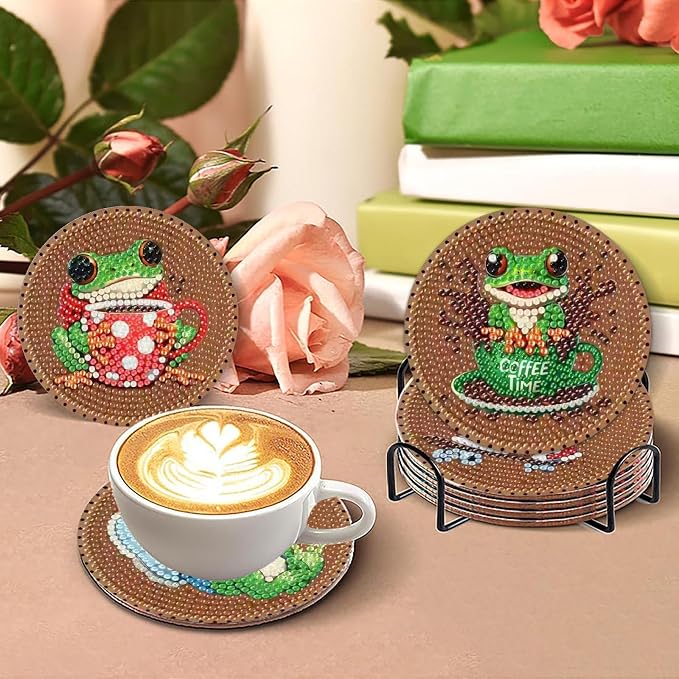 Clendo 8 PCS Coffee Frog Diamond Art Coaster Kits