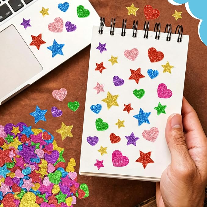 987 Pcs Glitter Foam Stickers, Heart & Star Shapes Stickers, 7 Sheets Colorful