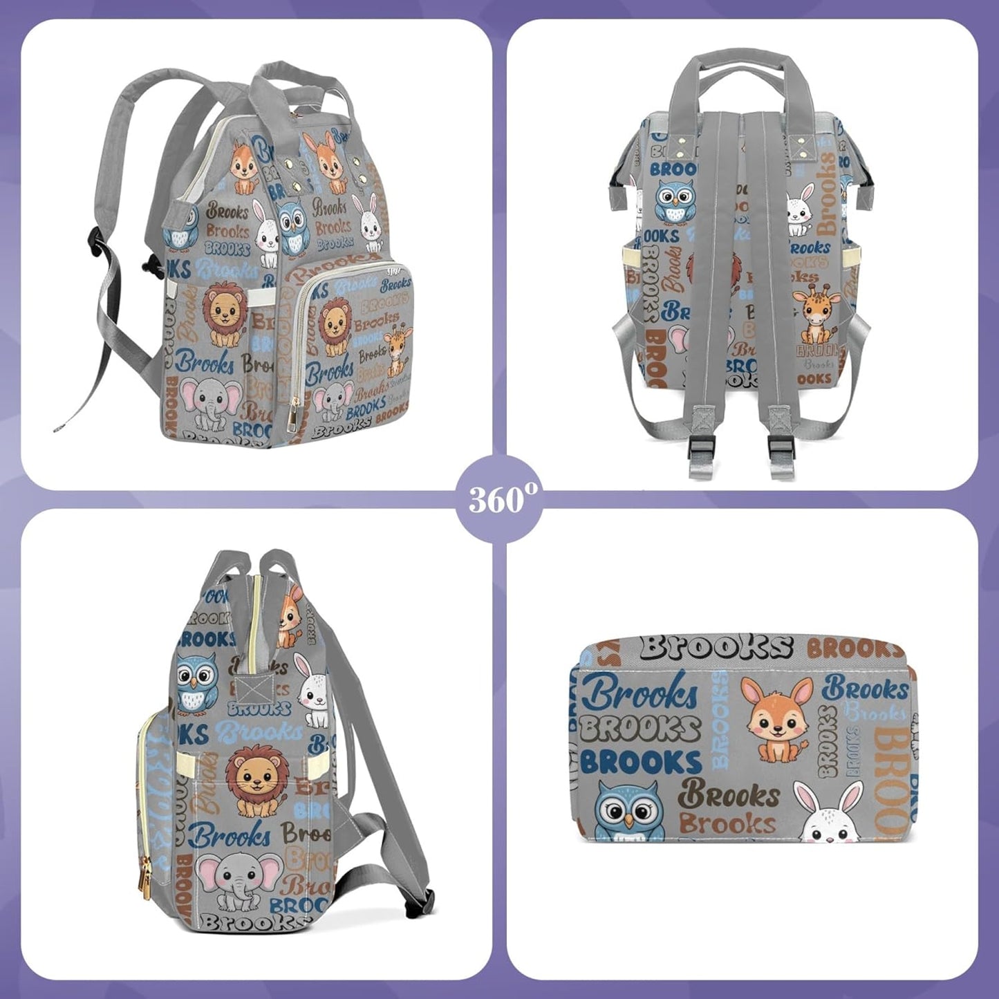 Large Capacity Custom Diaper Bag for Baby Girls with Name, Cute Animals Multifunctional Mom Personalized Diaper Bag Backpack Waterproof Women Customized Daypack Nappy Bag, Gray (Cute Animals)