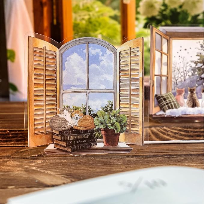 120PCS Watercolor Window PET Stickers – Scenic Views of Cats, Flowers & Cozy