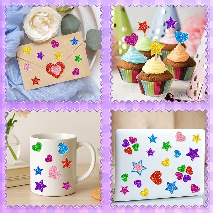 1000PCS Glitter Foam Stickers, Colorful Heart & Star Stickers, Self-Adhesive