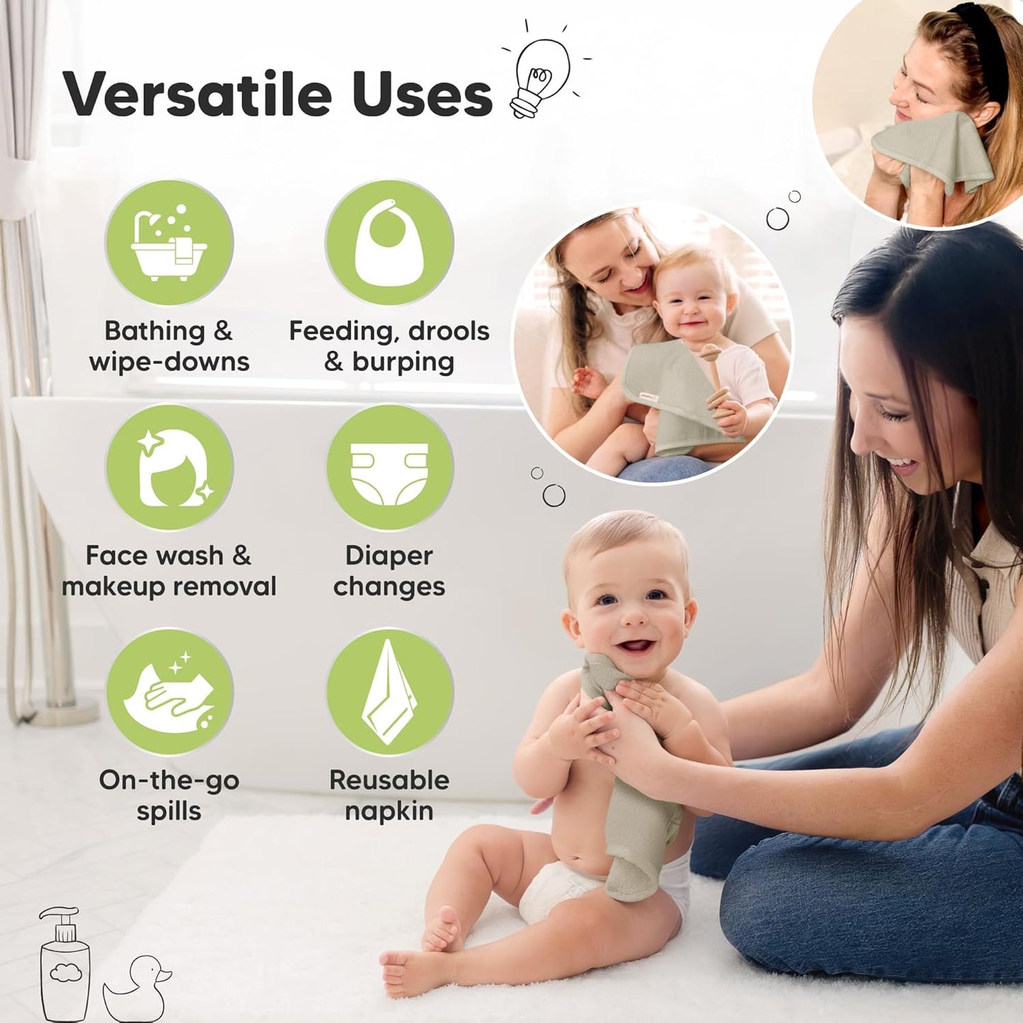 6-Pack Baby Washcloths - Soft Absorbent Viscose from Bamboo Wash Cloths for Babies, Kids, Toddlers, Infant, Newborn Bath Towels, Gentle on Sensitive Skin, 10x10 Reusable Face Towels (Stone)