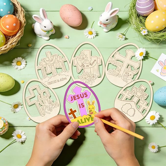 36PCS Wooden Easter Ornaments to Paint, Christian DIY Blank Unfinished Wood Egg