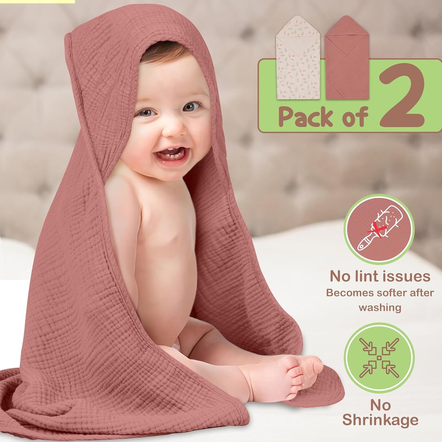 Organic Cotton Muslin Baby Hooded Towels - 32x32 Inch, 2 Pack Newborn Bath Towels for Boys & Girls, Soft & Absorbent Bath Set (Pink/Floral)