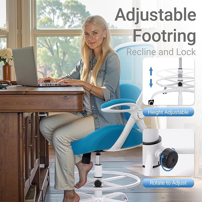 HYLONE 400lbs Heavy Duty Drafting Chair 5" Thickened Seat Office Chair with Flip-Up Armrests Tall Ergonomic Computer Chair with Lumbar Support and Adjustable Footrest Ring Standing Desk Chair (Blue)