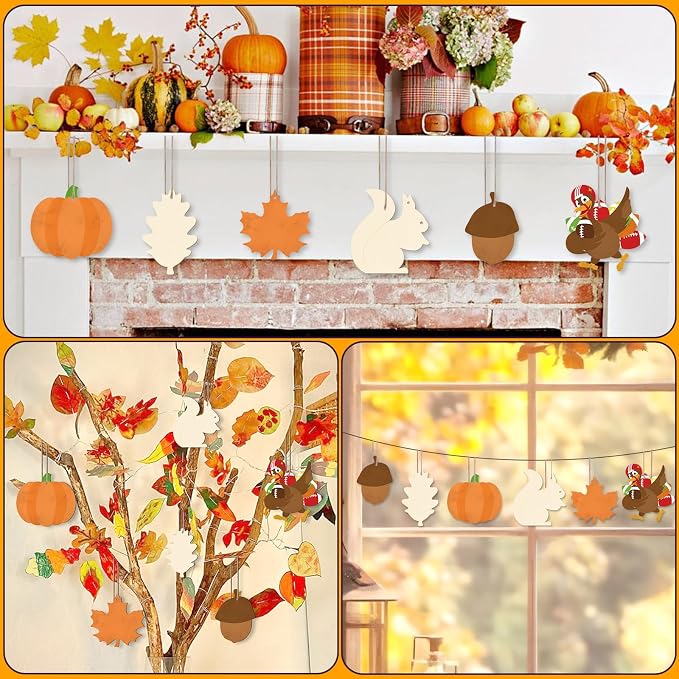 24 PCS Unfinished Wooden Thanksgiving Crafts, Pumpkin Turkey Shaped Hanging